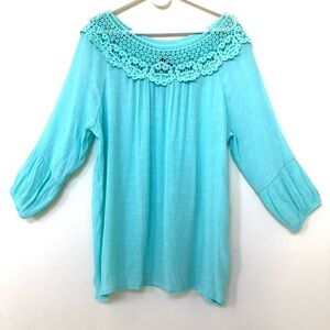 Boho Gauze Peasant Light Breezy Aqua Top with Crochet Detail ~ Cal Style ~ 2 XL